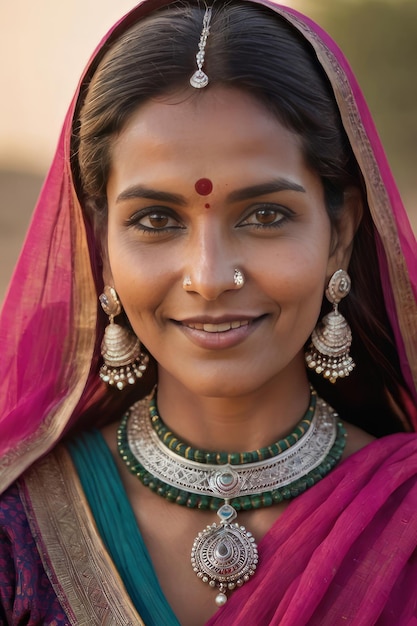 Une femme indienne sourit gracieusement et élégamment vêtue d'un sari coloré mettant en valeur le patrimoine culturel vibrant de l'Inde Pour une utilisation dans des présentations culturelles, des brochures de voyage mettant en évidence les vêtements traditionnels