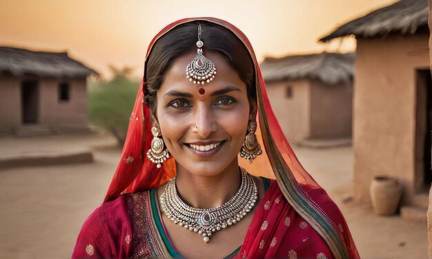 Une femme indienne sourit gracieusement et élégamment vêtue d'un sari coloré mettant en valeur le patrimoine culturel vibrant de l'Inde Pour une utilisation dans des présentations culturelles, des brochures de voyage mettant en évidence les vêtements traditionnels