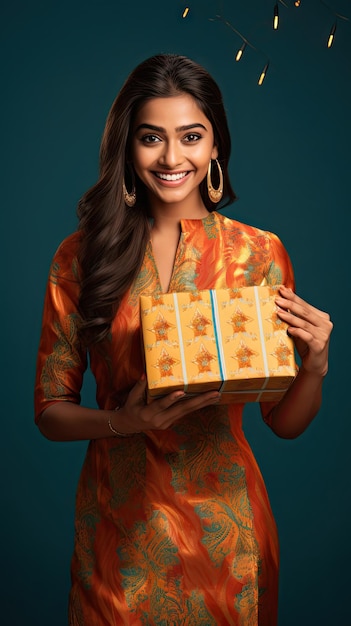 Femme indienne tenant une boîte cadeau Diwali