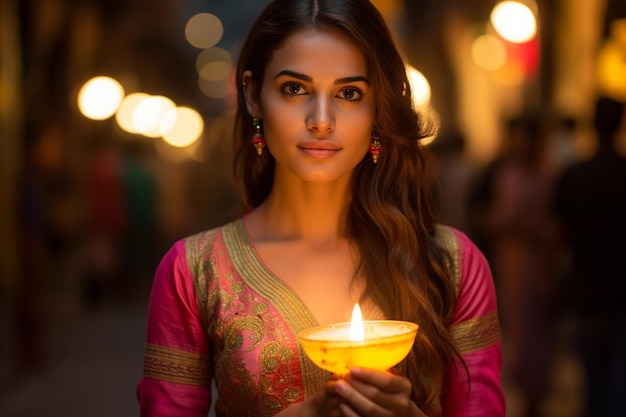 Photo femme indienne tenant une bougie à l'arrière-plan de style bokeh