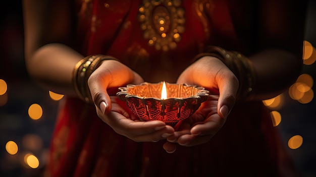 Femme indienne tenant diwali diya dans les mains en gros plan Generative AI