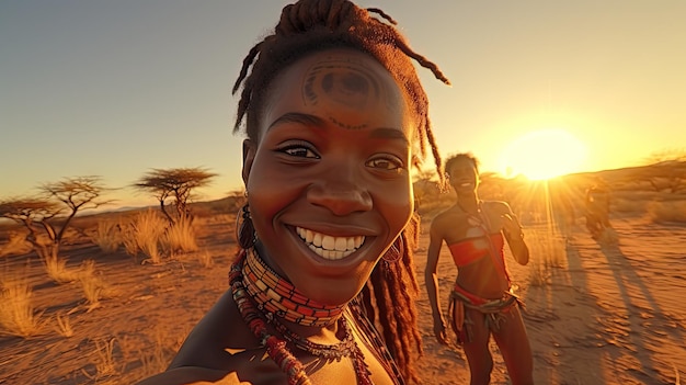 une femme indigène d'Afrique prenant un selfie