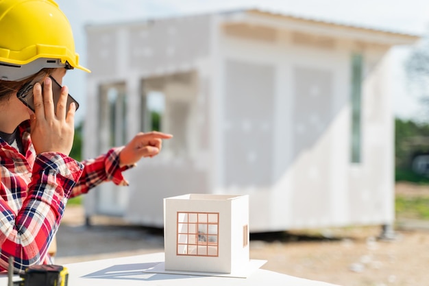 Femme d'ingénierie et d'architecte travaillant avec un modèle de maison sur le site de la propriété de construction.