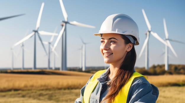 Femme ingénieur en casque jaune à la centrale électrique des moulins à vent