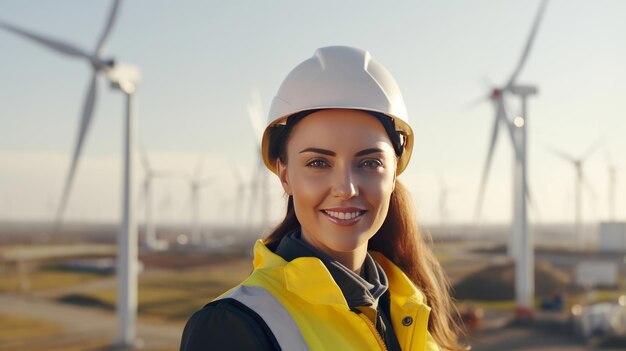 Femme ingénieur en casque jaune à la centrale électrique des moulins à vent