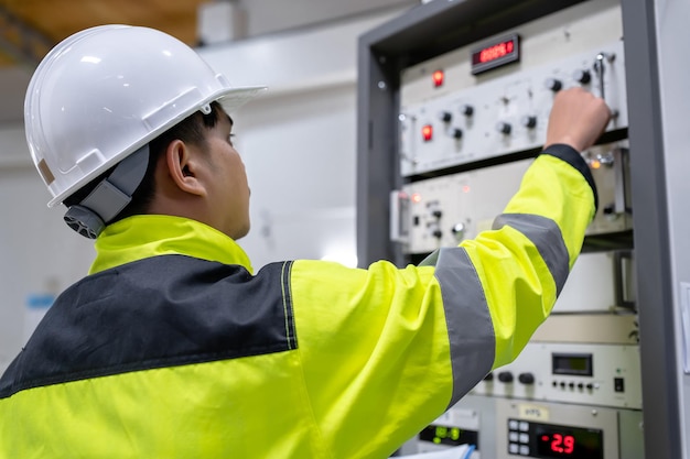 Femme ingénieur électricien vérifiant la tension à l'armoire de distribution électrique dans la salle de contrôlemaintenance préventive