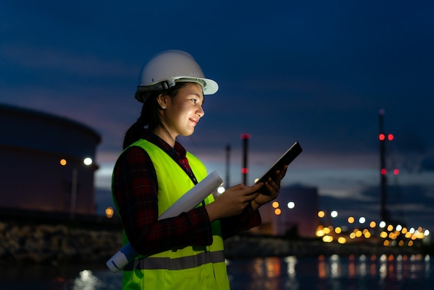 femme ingénieur pétrochimique travaillant de nuit avec tablette numérique.