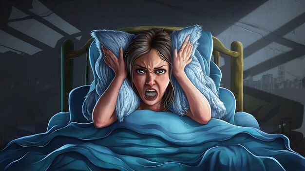 Une femme insatisfaite couvrant les oreilles avec un oreiller dans le lit.