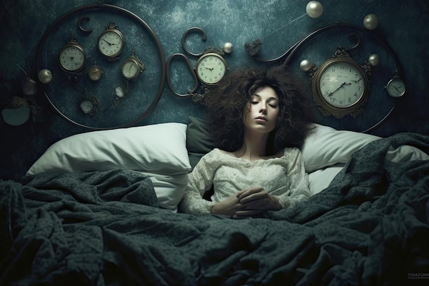 Femme avec insomnie allongée dans le lit avec les yeux ouverts IA générative