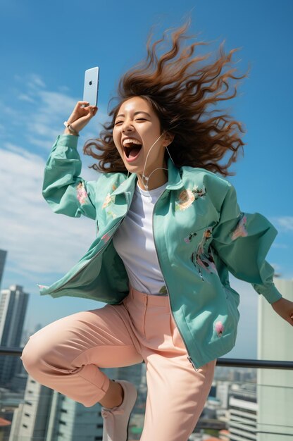 Femme insouciante célébrant de bonnes nouvelles sur son téléphone