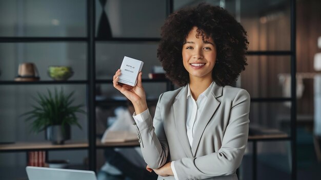 Une femme intelligente et confiante offrant un produit parfait sachant de quoi parler debout comme profess