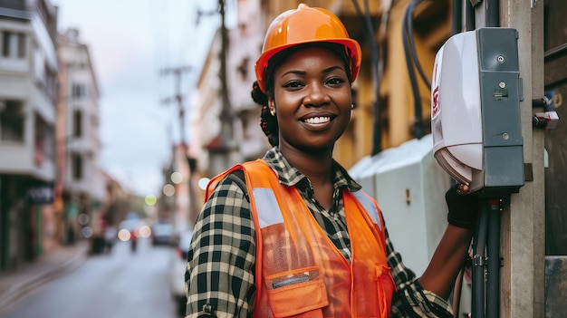 Une femme intrépide et concentrée répare des fils électriques en l'air