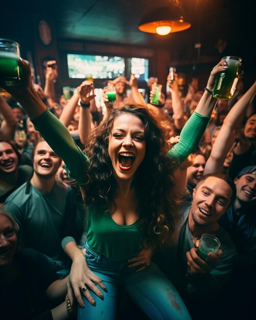 Une femme irlandaise s'amuse au pub irlandais le jour de Saint-Patrick