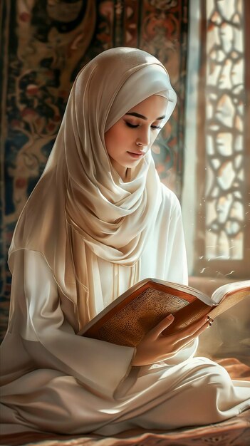 Une femme islamique lisant le Coran.