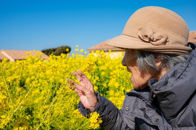 Une femme japonaise âgée qui est impressionnée par la beauté des fleurs