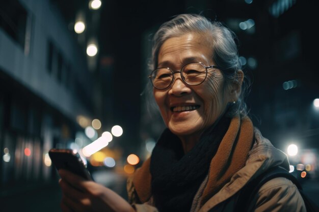 Une femme japonaise chinoise senior vêtements à la mode à l'aide d'un téléphone portable avec fond de rue de la ville urbaine la nuit Generative AI AIG18