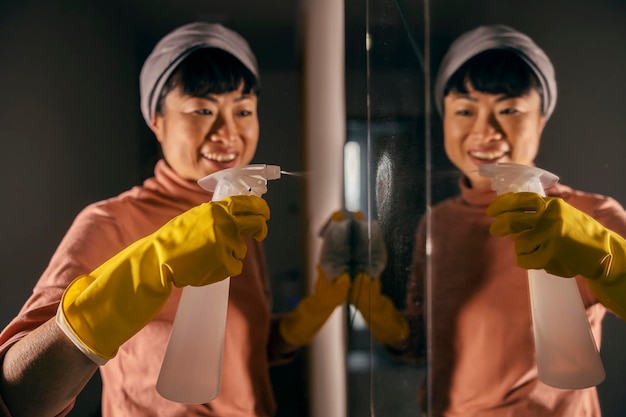 Une femme japonaise ordonnée pulvérise du détergent sur le miroir et le nettoie.