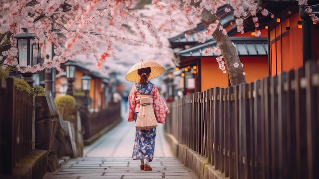 Femme japonaise portant un kimono traditionnel marchant dans la vieille ville de Kyoto avec un parapluie sous la fleur de sakura