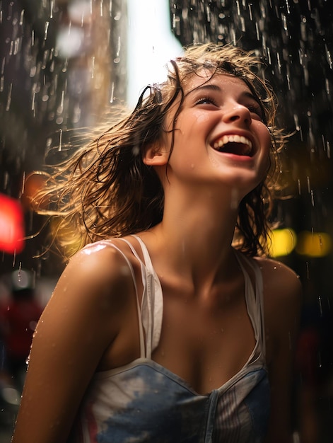 femme japonaise rire pluie ville mince fille modèle profond plafond jaillissant extase détails élevés raver