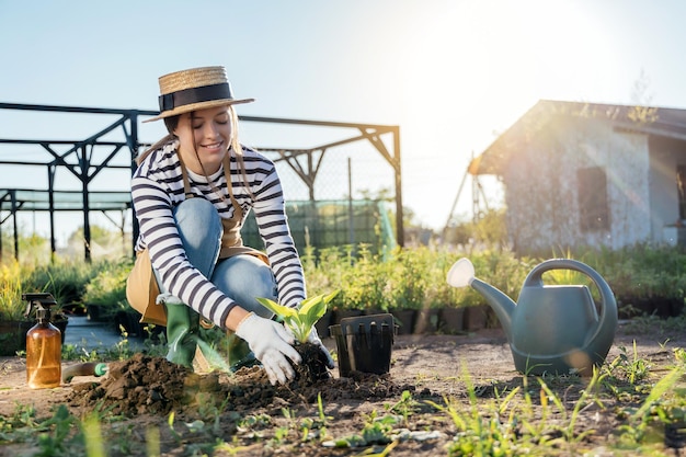 Femme jardinier plantant une plante dans le jardin