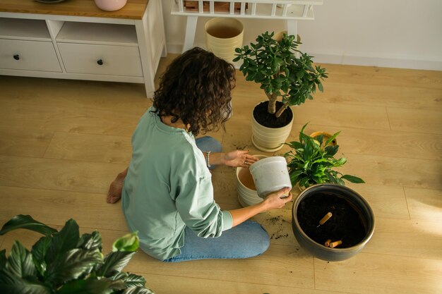 Femme jardinier transplantant des plantes vertes dans des pots en céramique sur le sol Concept de jardin potager et de plantes en pot