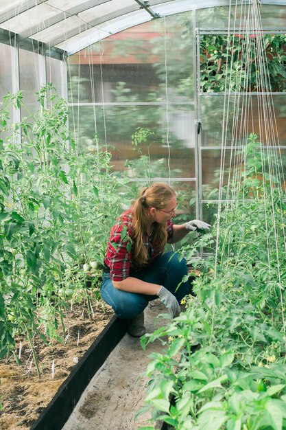 Photo femme jardinier travaillant à l'intérieur du jardin à effet de serre concept de pépinière et de printemps