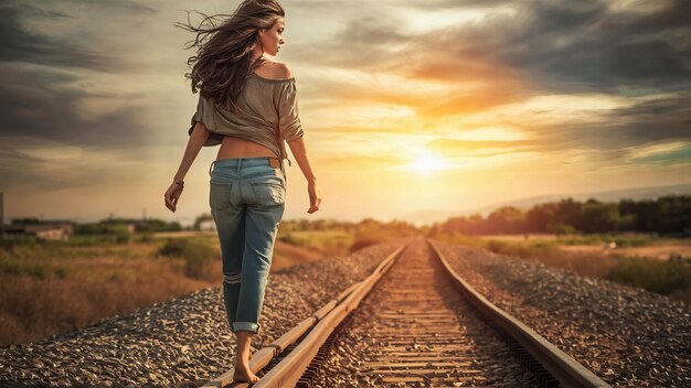 Photo femme en jean marchant pieds nus sur les rails du train