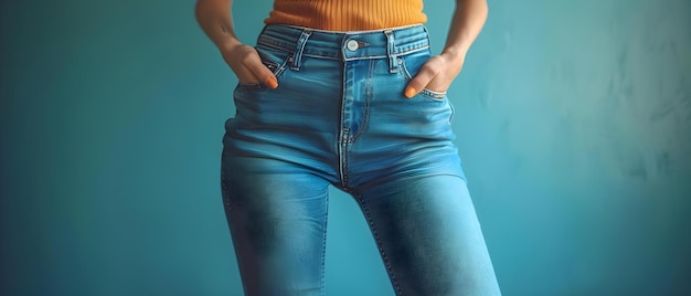 Femme en jean surdimensionné après avoir perdu du poids voit un nouveau reflet dans le miroir Concept Perte de poids Succès Découverte de soi Acceptation du changement Image corporelle Transformation personnelle