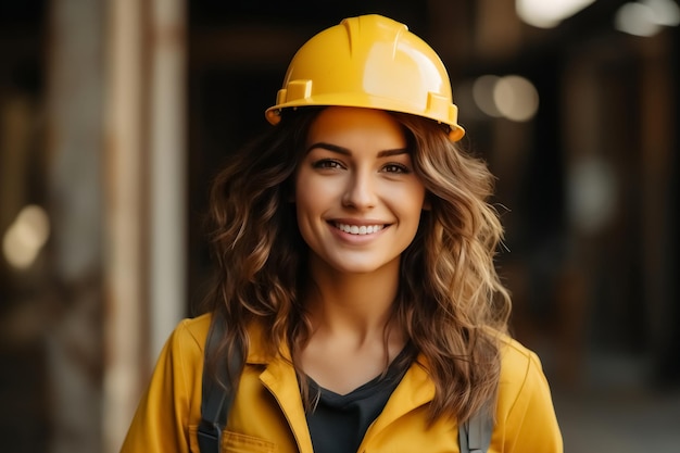 Femme jeune constructeur en uniforme de construction et casque de sécurité