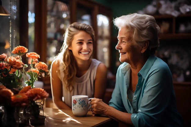 Une femme et une jeune femme sont assises à une table avec des fleurs et une tasse de café