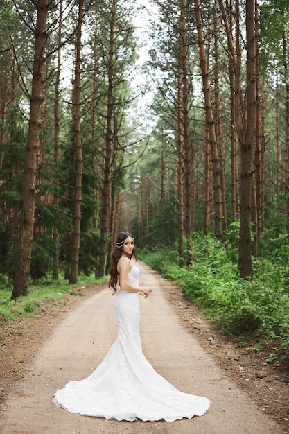 Femme jeune mannequin avec des bijoux dans sa coiffure de mariée vêtue d'une élégante robe de mariée en dentelle posant dans la forêt.