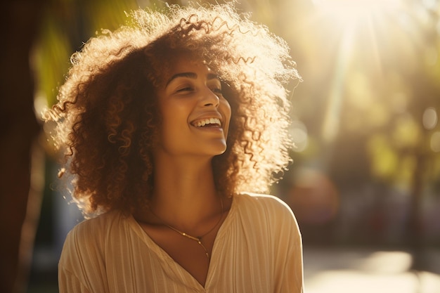 Femme jeune avec des tresses ondulées riant dans une position debout IA générative