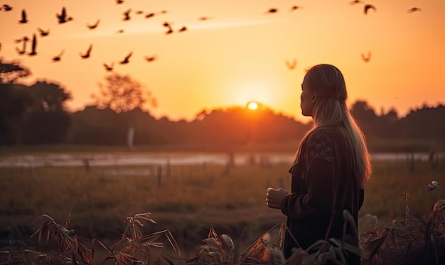 Une femme joie et inspiration face au soleil oiseau volant au-dessus signe de la liberté IA générative