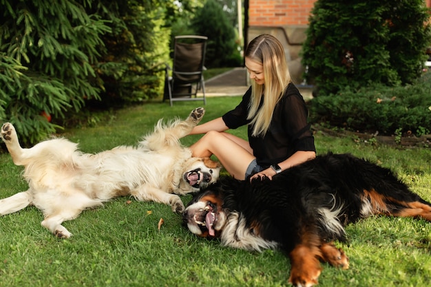 Femme jouant avec chien Labrador et Sennenhund à l'extérieur dans le parc verdoyant