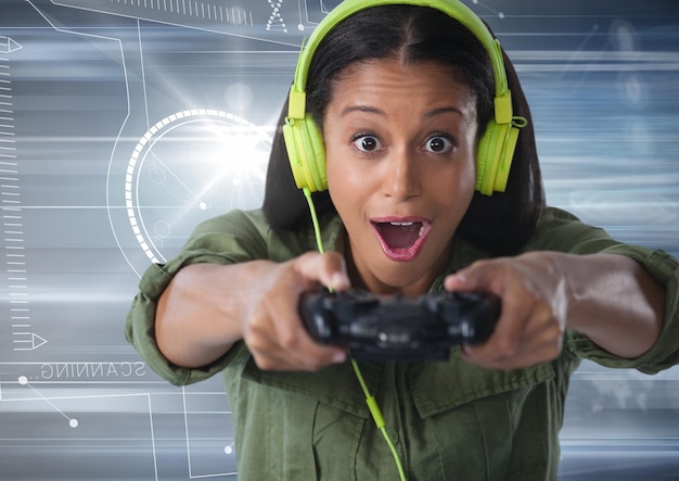 Photo femme jouant avec le contrôleur de jeu d'ordinateur avec fond de mouvement