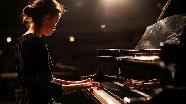 Une femme jouant du piano lors d'une représentation d'orchestre