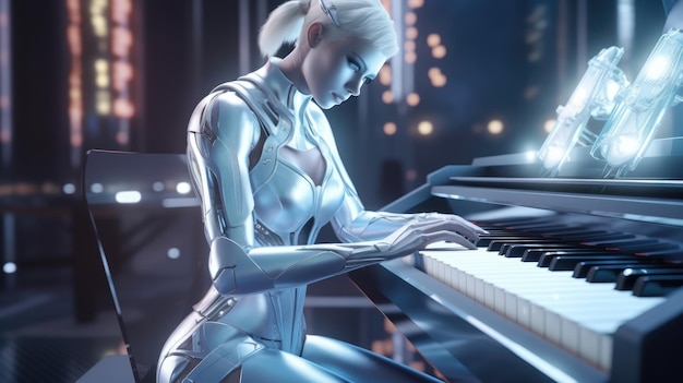 Une femme jouant du piano avec un robot blanc sur le côté gauche