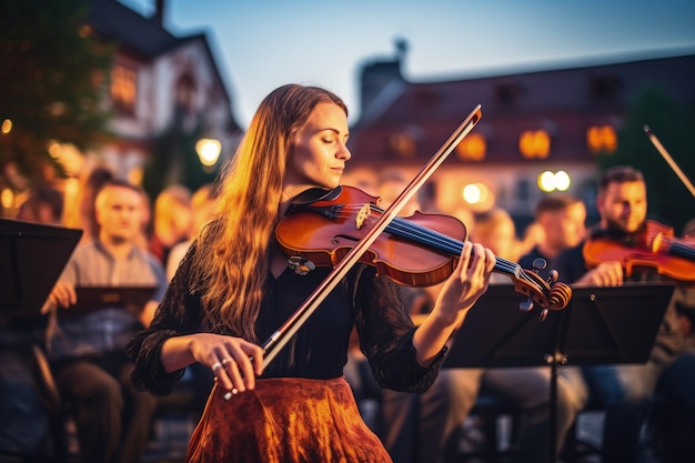 Une femme jouant du violon devant un groupe de personnes