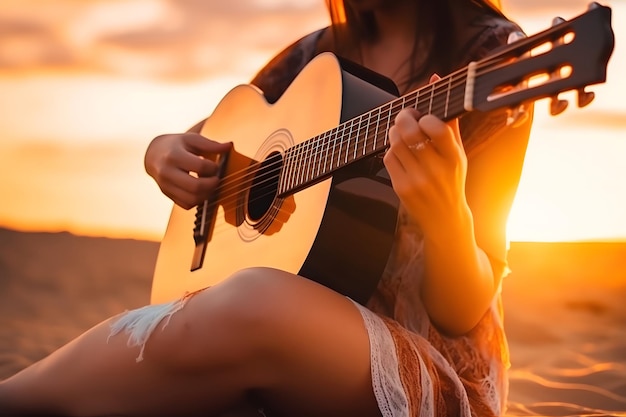 femme jouant de la guitare acoustique sur une plage de sable au coucher du soleil jouant du concept de musique