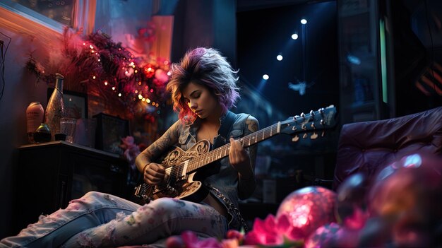 une femme jouant de la guitare dans une pièce avec une photo d'une femme jouant d'une guitare