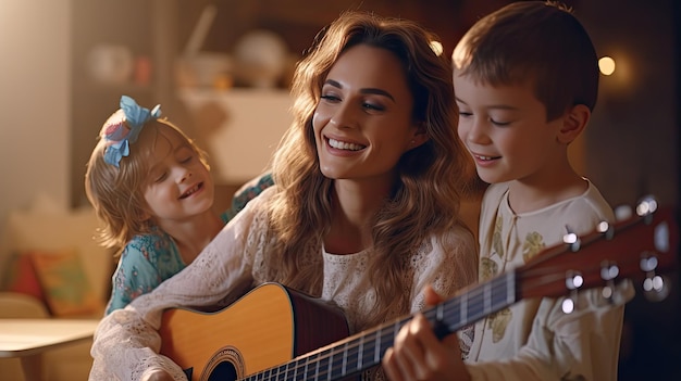 Femme jouant de la guitare avec deux enfants La liaison musicale et la connexion familiale Jour des mères