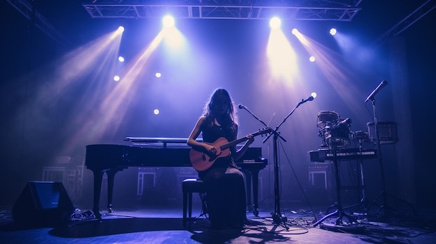 une femme jouant de la guitare devant un piano et un piano.