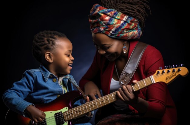 Femme jouant de la guitare avec un enfant