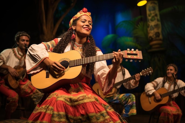 Une femme jouant de la guitare avec une guitare à la main.