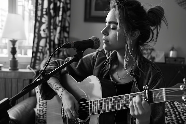 Femme jouant de la guitare sur le lit