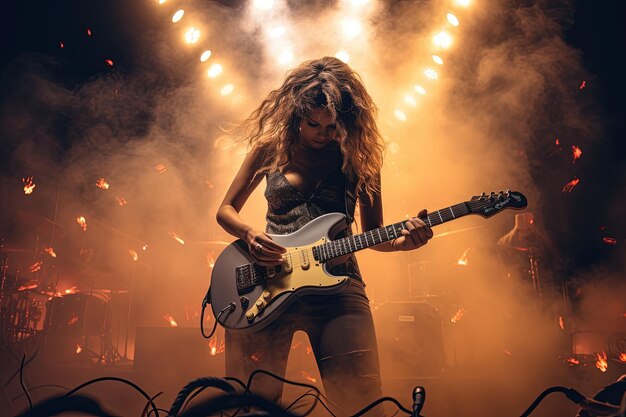 Une femme jouant de la guitare sur une scène.