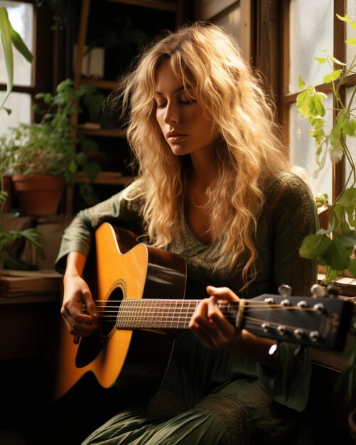 Photo une femme jouant de la guitare