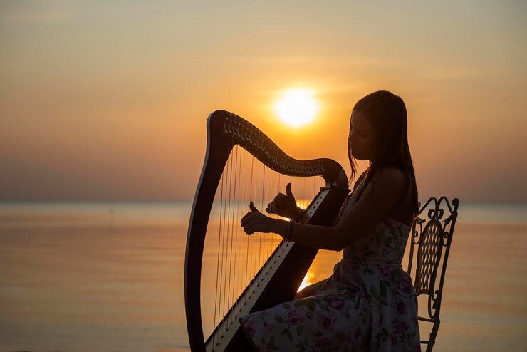 Photo femme jouant d'un instrument de musique sur la plage au coucher du soleil