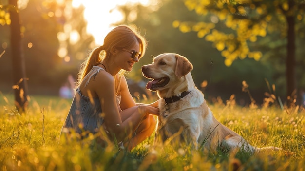 Femme jouant avec le Labrador dans le parc le jour de l'été