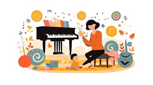 Photo une femme joue du piano avec un enfant devant un piano.